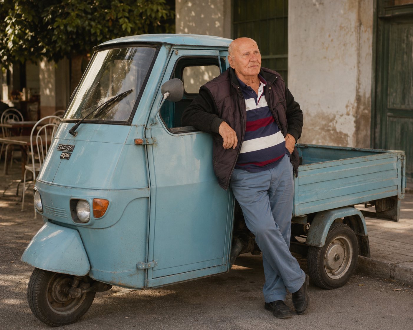 Η δεύτερη γενιά δίπλα στο γαλάζιο τρίκυκλο Piaggio Ape